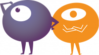 Orange and purple cartoon zoys standing around