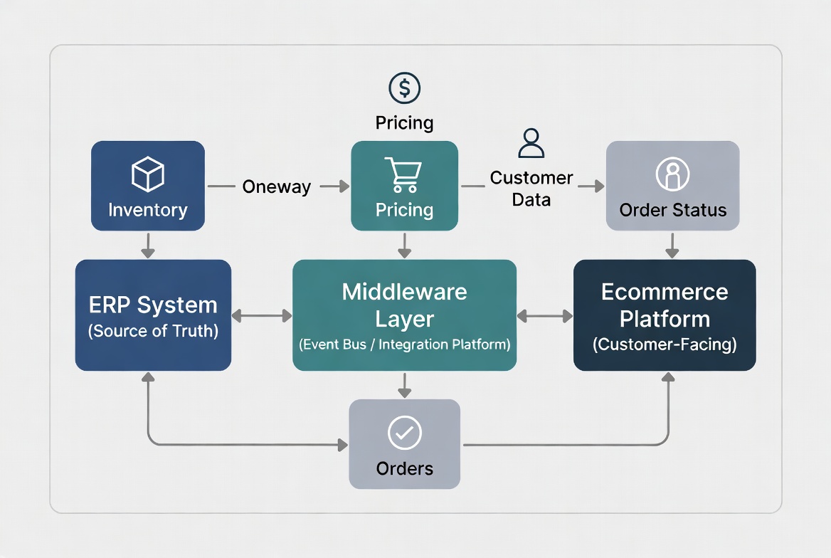 Event-driven B2B ecommerce ERP integration architecture with middleware layer connecting ERP system to ecommerce platform