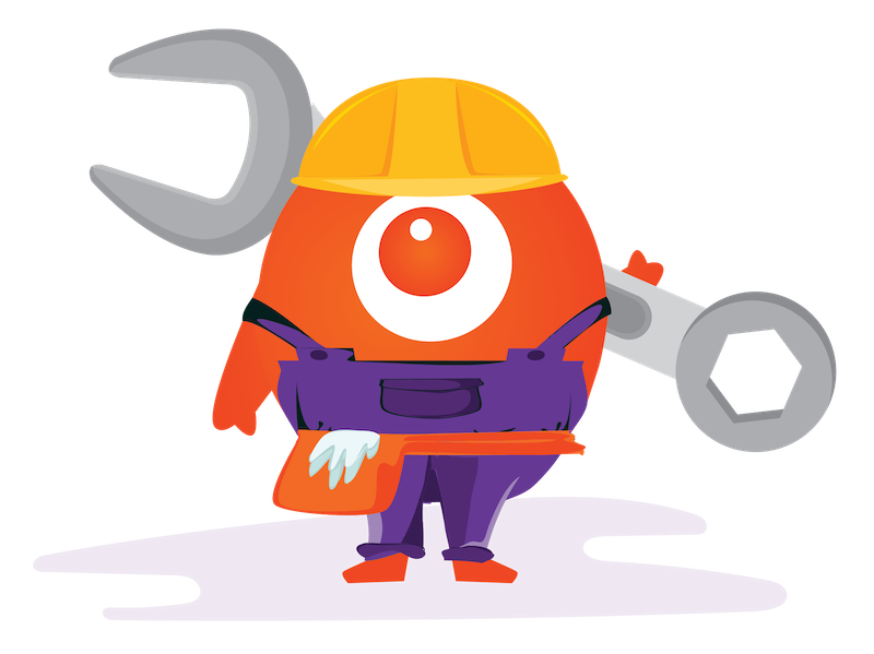 Orange zoy character in construction garb carrying a giant wrench