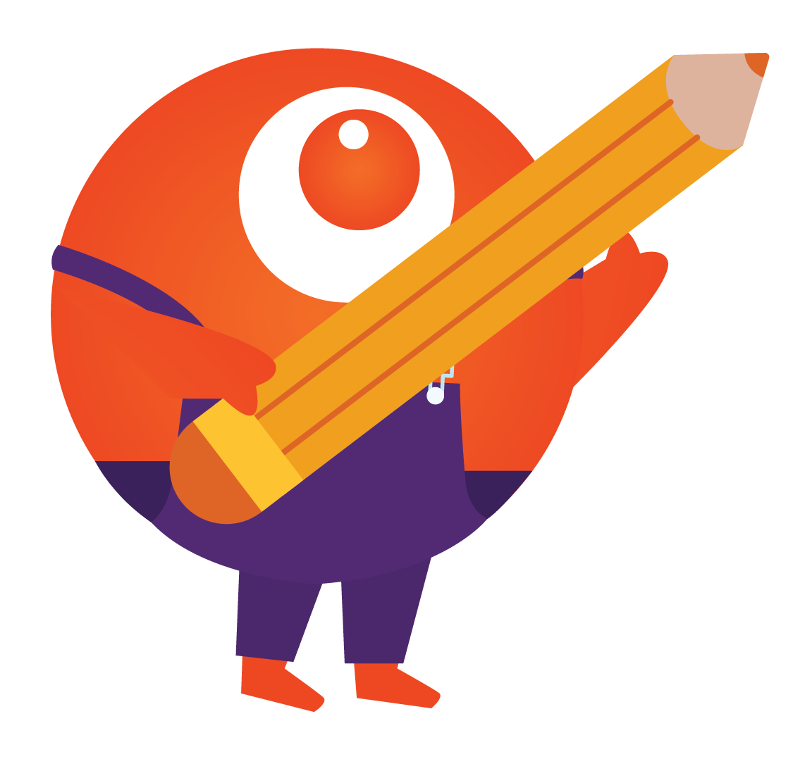 Orange zoy character in overalls holding a giant pencil