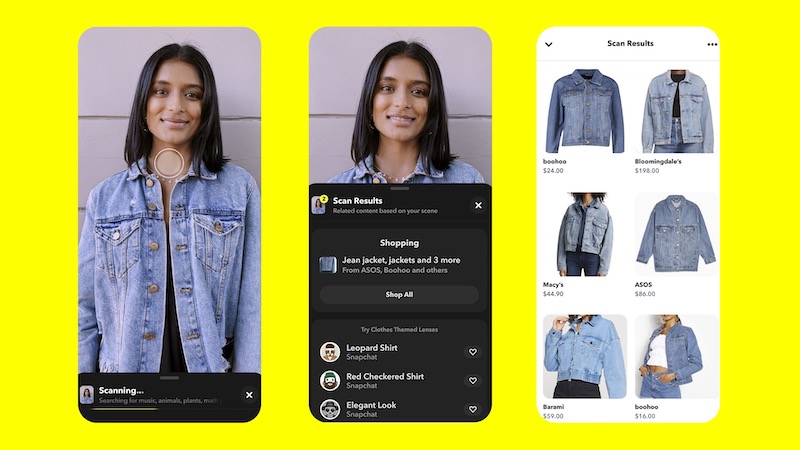 three mobile phone screen shots showing product, category and purchase page on snapchat