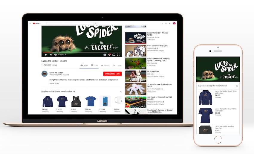 screen captures of youtube merch page for Lucas the Spider