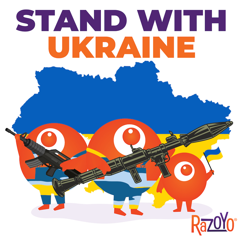 graphic: zoy characters standing with firearms in front of a map of Ukraine
