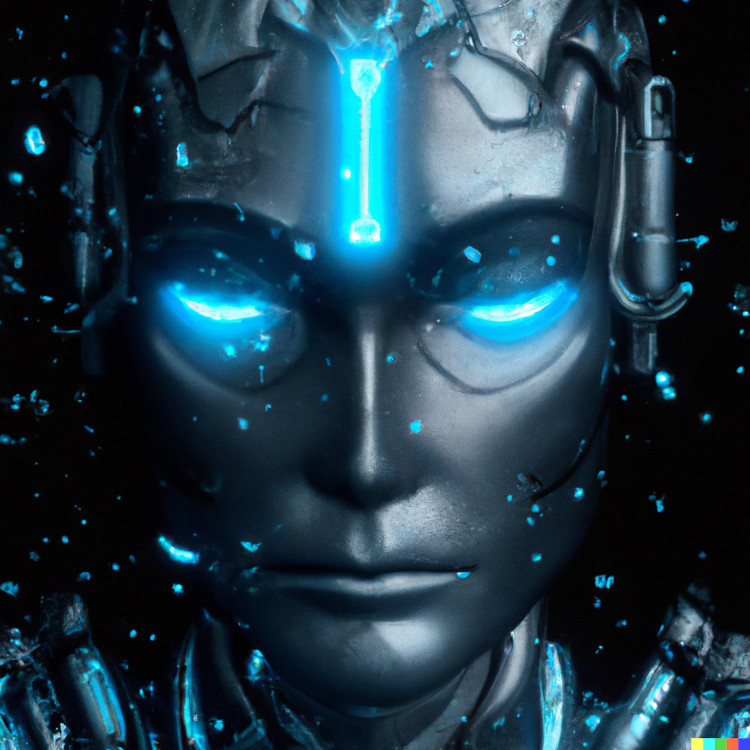 digital art showing a silver android eminating blue light and surrounded by water droplets