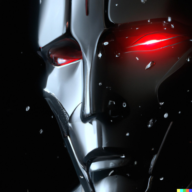 AI-generated digital art depicting a silver android with red eyes