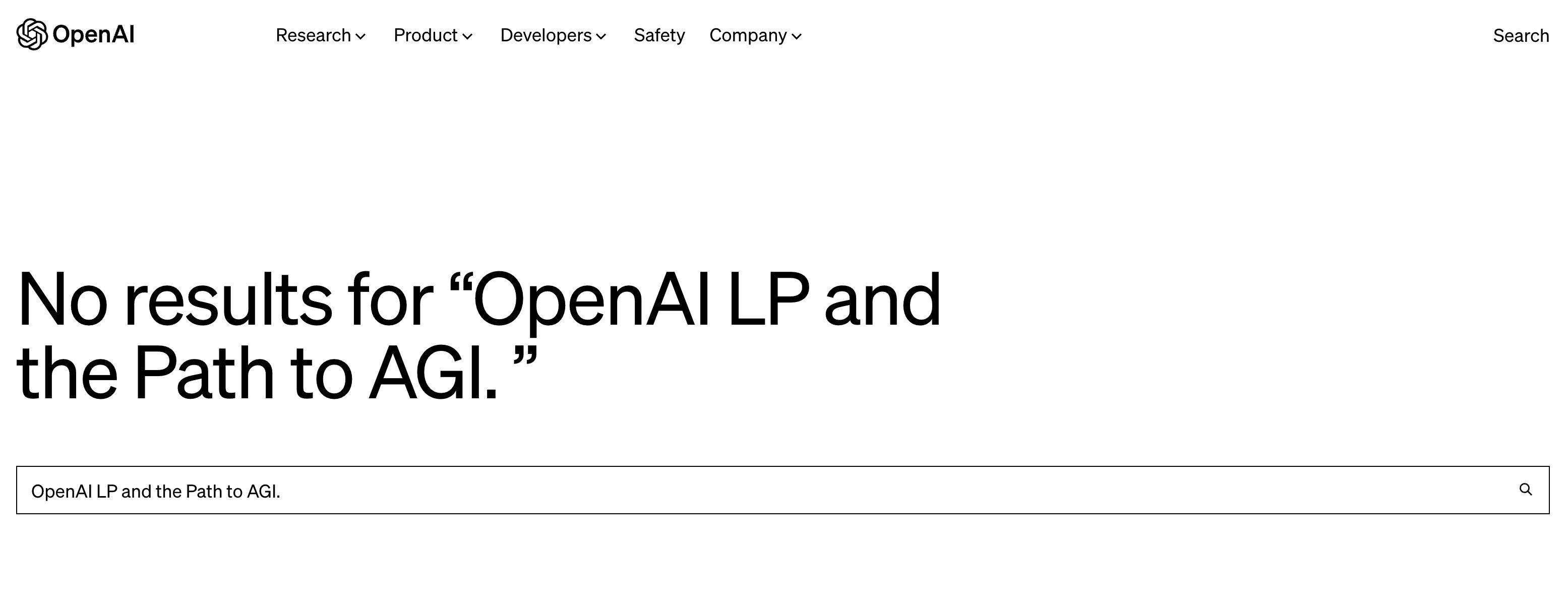 Screenshot of Open AI stating no results for LP and the Path to AGI