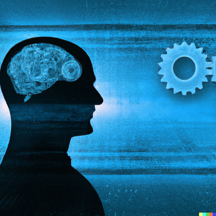 AI-generated digital art silhouette of a man facing a gear on a blue background with his brain visible.