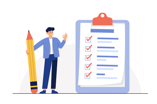 vector graphic showing a man with a giant pencil next to a giant clipboard with a checklist