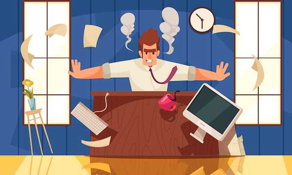 vector graphic showing a man throwing a tantrum at a desk